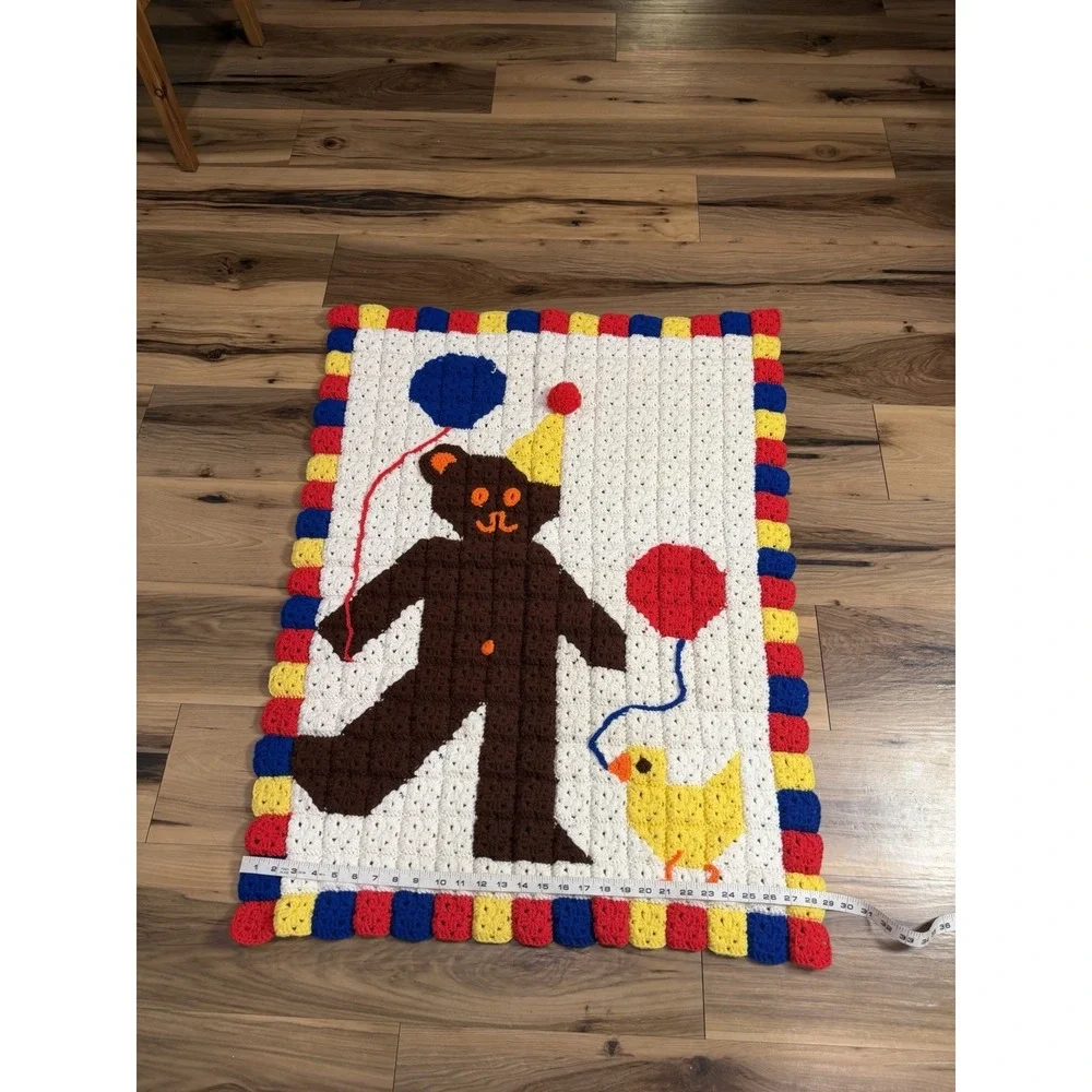 Vintage Handmade Crochet Cat Blanket Afghan Granny Square Kitten Balloons 40x29
